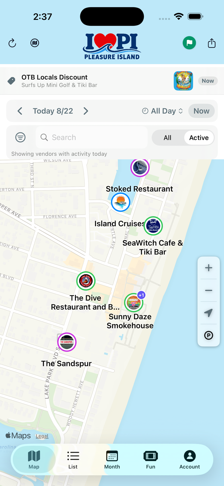 The EventureMap app showing a local map with vendor pins